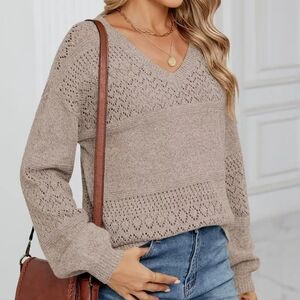 New Woman's Boho Balloon Sleeve Knit Sweater Top In Tan Size 3X